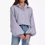 fall outfits women Fall 2024 Women's Striped Bishop Long Sleeve Collar V-neck Button-down Shirt Loose