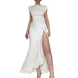 dress 2024 Graduation ceremony outfit Slim Fit Long Dress Style Sexy Tight Waist Twisted Split Short Sleeve Dress