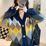 Chicdearshop fall street style Diamond Plaid Contrast Color V-neck Sweater Coat for Women 2024 Autumn and Winter New Retro Loose Mid-Length Long Sleeve