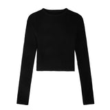 fall street style Short round Neck Long Sleeve Sweater Women's Korean-Style Slim Fit Slimming High Waist Pullover Undershirt Top