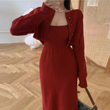 korean fashion Knitted Cardigan Sweater Elegant Strap Dress Two-Piece Suit