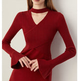 winter outfits Black Friday Christmas Thanksgiving French Style Red Knitted Dress Women's Autumn and Winter Half Turtleneck Hollow-out Slim Sweater Dress