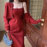 korean fashion Knitted Cardigan Sweater Elegant Strap Dress Two-Piece Suit