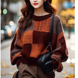 Chicdearshop fall outfits aesthetic Maillard Retro Contrast Color Stitching Sweater Women's Autumn and Winter New Lazy Style round Neck Pullover Knitted Top