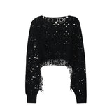 boho 2024 Autumn Retro Elegant round Neck Tassel Crocheted Hollow Short Pullover Sweater Blouse 