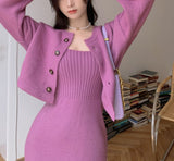 korean fashion Knitted Cardigan Sweater Elegant Strap Dress Two-Piece Suit