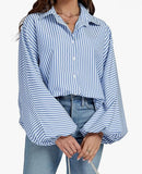 fall outfits women Fall 2024 Women's Striped Bishop Long Sleeve Collar V-neck Button-down Shirt Loose