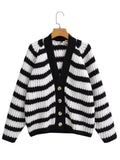 Autumn and Winter New Women's Lazy Style Black and White Striped Single-Breasted Loose Sweater Coat 