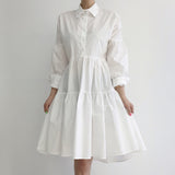 2000s fashion Spring 2024 Korean Style Drop-Shoulder Lantern Sleeve Stitching Large Skirt Shirt Dress + Knitted Vest