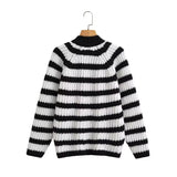 Autumn and Winter New Women's Lazy Style Black and White Striped Single-Breasted Loose Sweater Coat 