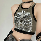 grunge outfits Women's Summer New round Neck Pullover Skeleton Hot Rhinestone Casual Fashion Hot Girl Top