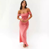 off Shoulder Tube Top Satin Backless Long Dress Rose Pink