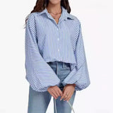 fall outfits women Fall 2024 Women's Striped Bishop Long Sleeve Collar V-neck Button-down Shirt Loose