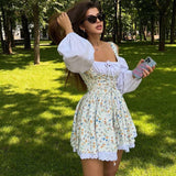 birthday outfit Women's 2024 Spring and Summer Bubble Sleeve Strap Tube Top Fake Two-Piece French Dress Floral Suspender Dress