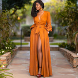 Chicdearshop 2024 fall fashion trends Women's Deep V Long Sleeve Waist Solid Color Cardigan Dress Long Dress