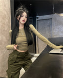 casual fall outfits 2024 Hot Girl New Army Green Simple Slim Bottoming T-shirt High Waist Casual Pocket Overalls for Women