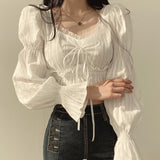 coachella valley music festival Spring and Autumn New French Style Niche Square Collar Lace Shirt Sweet Ruffled Slimming Chic Top for Women