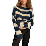 2024 Winter New Sweater Women's round Neck Striped Loose Lazy All-Match Long Sleeve Knitted Sweater Women