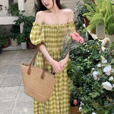 autumn dress Retro Contrast Color Plaid Stitching Wooden Ear Square Collar Puff Sleeve Dress Women's 2024 Western Style Dress