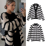 Autumn and Winter New Women's Lazy Style Black and White Striped Single-Breasted Loose Sweater Coat 