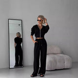 frat outfits New Sexy Short Zipper Cardigan Hooded Top High Waist Loose Straight Casual Trousers Two-Piece Set for Women