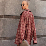 fall outfits women aesthetic American Retro Brick Red Scottish Plaid Loose Shirt 2024 New Autumn Plaid Shirt Women's Clothing