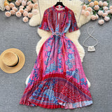 boxer costume Elegant Hollow round Neck Bow Print Dress Waist-Tight Elegant Chiffon Pleated Skirt