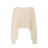 boho 2024 Autumn Retro Elegant round Neck Tassel Crocheted Hollow Short Pullover Sweater Blouse 