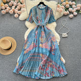 boxer costume Elegant Hollow round Neck Bow Print Dress Waist-Tight Elegant Chiffon Pleated Skirt