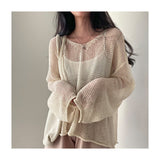 casual fall outfits Summer French Retro Lazy Style Loose Long Sleeve Hollow Thin Knitted Blouse Top for Women