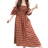 autumn dress Retro Contrast Color Plaid Stitching Wooden Ear Square Collar Puff Sleeve Dress Women's 2024 Western Style Dress