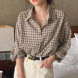 Chicdearshop tomboy outfit Chic Spring Retro Niche Lapel Contrast Color Plaid Design Loose Casual Long-Sleeved Shirt Top for Women