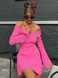 winter outfits women V-neck Long Sleeve Sexy Dress Knitted Skirt Autumn and Winter Short Skirt Bottoming A- line Ruffled Sweater Dress