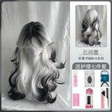 Cloud Ink Black and White Hot Top Dyed Gradient High Level Mid-Length Long Curly Hair King Bright Impression Hair Simulation Full Hair Set