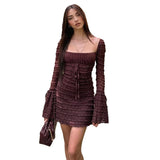 dress Women's Clothing Ins Autumn Sexy Low-Cut Pleated Slimming Bell Sleeve Sheath Dress Women