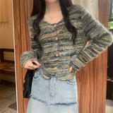 fall outfits aesthetic Retro Striped Square Collar Fur Soft Glutinous Sweater Cardigan Coat Women's Spring and Autumn Loose Lazy Style Short Knitted Top