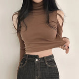 coachella valley music festival Tight Sexy off-the-Shoulder Top Women's Long-Sleeved Hot Girl Hollow-out Turtleneck Bottoming Shirt Short T-shirt