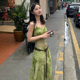 boho American-Style Retro Green Tie-Dyed Jacquard Sling Mesh Stitching Top Half-Length Midi Dress Summer New Two-Piece Set