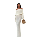 white dress Autumn Beach Vacation Sexy Long Dress Knitted Backless off-Neck Dress Blouse for Women