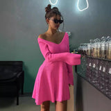 winter outfits women V-neck Long Sleeve Sexy Dress Knitted Skirt Autumn and Winter Short Skirt Bottoming A- line Ruffled Sweater Dress