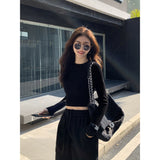 fall street style Short round Neck Long Sleeve Sweater Women's Korean-Style Slim Fit Slimming High Waist Pullover Undershirt Top