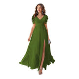 dress Ruffle Sleeve Slit Chiffon Bridal Shower Dress Long V-neck Formal Chiffon Maxi Dress Cocktail Party Evening Dress