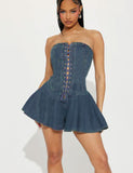 concert outfit 2024 Dress Women's Zipper Lace-up Chest Wrap Sexy Hot Girl Denim Short Lotus Leaf Denim Skirt