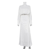 white dress Spring New Long-Sleeved Navel Top High Waist Slim-Fit Sheath Fishtail Skirt Fashion Satin Suit