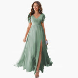 dress Ruffle Sleeve Slit Chiffon Bridal Shower Dress Long V-neck Formal Chiffon Maxi Dress Cocktail Party Evening Dress