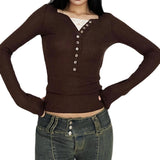 2000s fashion Soft Knitted Stretch Slim-Fit Slimming Top Retro Brown Button Lace Stitching Long-Sleeved T-shirt for Women