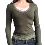 henley top outfit Lace Stitching Sweater V-neck Long-Sleeved Top