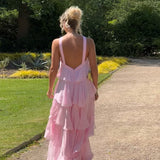 long pink dress Summer 2024 New Elegant Beach Dress Sling Halter Laminated Dress