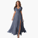 dress Ruffle Sleeve Slit Chiffon Bridal Shower Dress Long V-neck Formal Chiffon Maxi Dress Cocktail Party Evening Dress