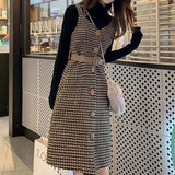 outfit inspo Korean Style Dress Set Women Autumn Winter Solid Base Sweater and Sleeveless Knee-Length Plaid Tweed Dresses